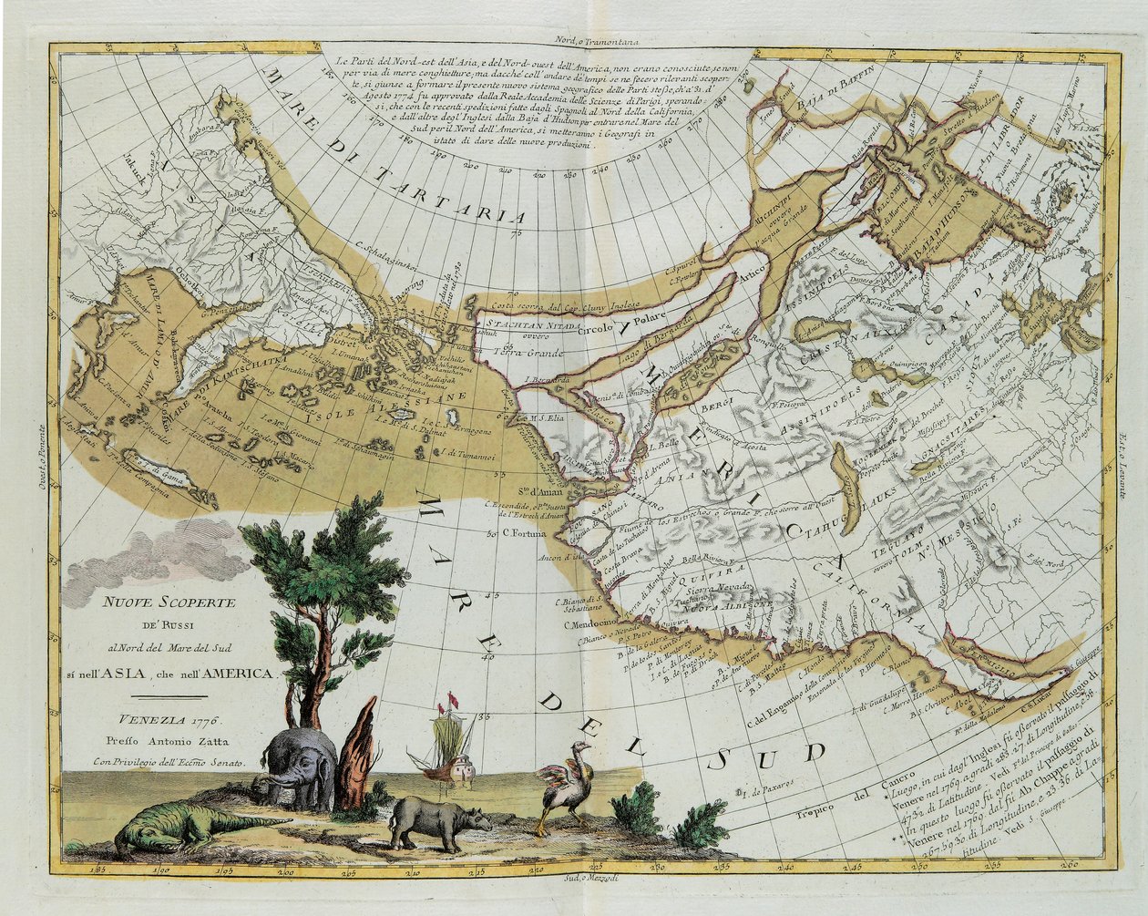 Az oroszok új felfedezései a Déli-tengertől északra. mind Ázsiában, mind Amerikában G. Zuliani metszete a Velencében 1776-ban kiadott Legújabb Atlasz I. toméjából, Antonio Zatta által, alkotó: G. Zuliani