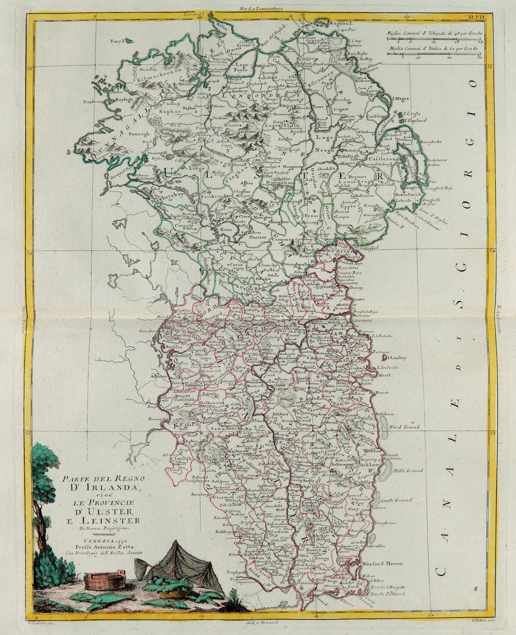 Az Ír Királyság része, vagyis Ulster és Leinster tartomány, G. Zuliani metszete I. Tome-tól vett át az Antonio Zatta által 1778-ban Velencében kiadott „Legújabb atlasz” magángyűjteményéből. alkotó: G. Zuliani