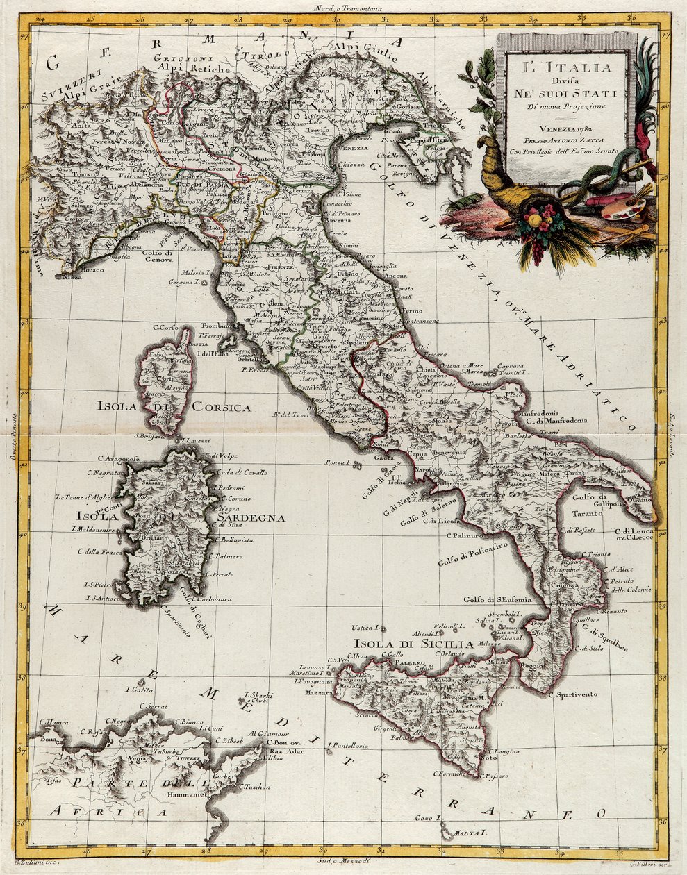 Olaszország politikai térképe, G. Zuliani metszete az Antonio Zatta által 1782-ben Velencében kiadott „Legújabb atlasz” II. Tome-jából vett, magángyűjtemény alkotó: G. Zuliani