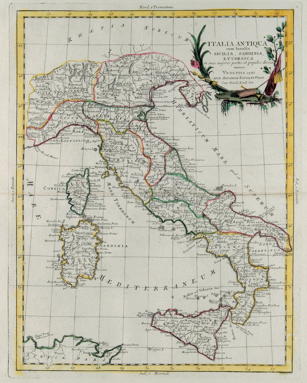 Olaszország politikai térképe, G. Zuliani metszete a „Novissimo Atlas” IV. kötetéből, amelyet 1785-ben Velencében adott ki Antonio Zatta, Magángyűjtemény alkotó: G. Zuliani