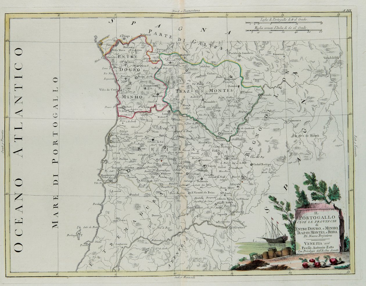Portugália, azaz Entre Douro, Minho, Traz-os-Montes és Beir tartományok, G. Zuliani metszetét a Velencében 1776-ban kiadott Legújabb Atlasz I. Tome-jából vette át Antonio Zatta, közlegény. alkotó: G. Zuliani