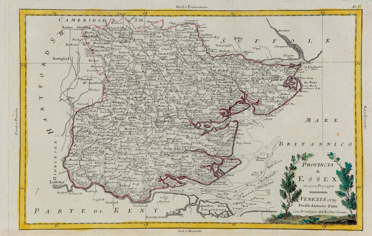 Essex tartomány, G. Zuliani metszete az Antonio Zatta által 1779-ben Velencében kiadott „Legújabb atlasz” I. Toméjától vett, magángyűjtemény alkotó: G. Zuliani