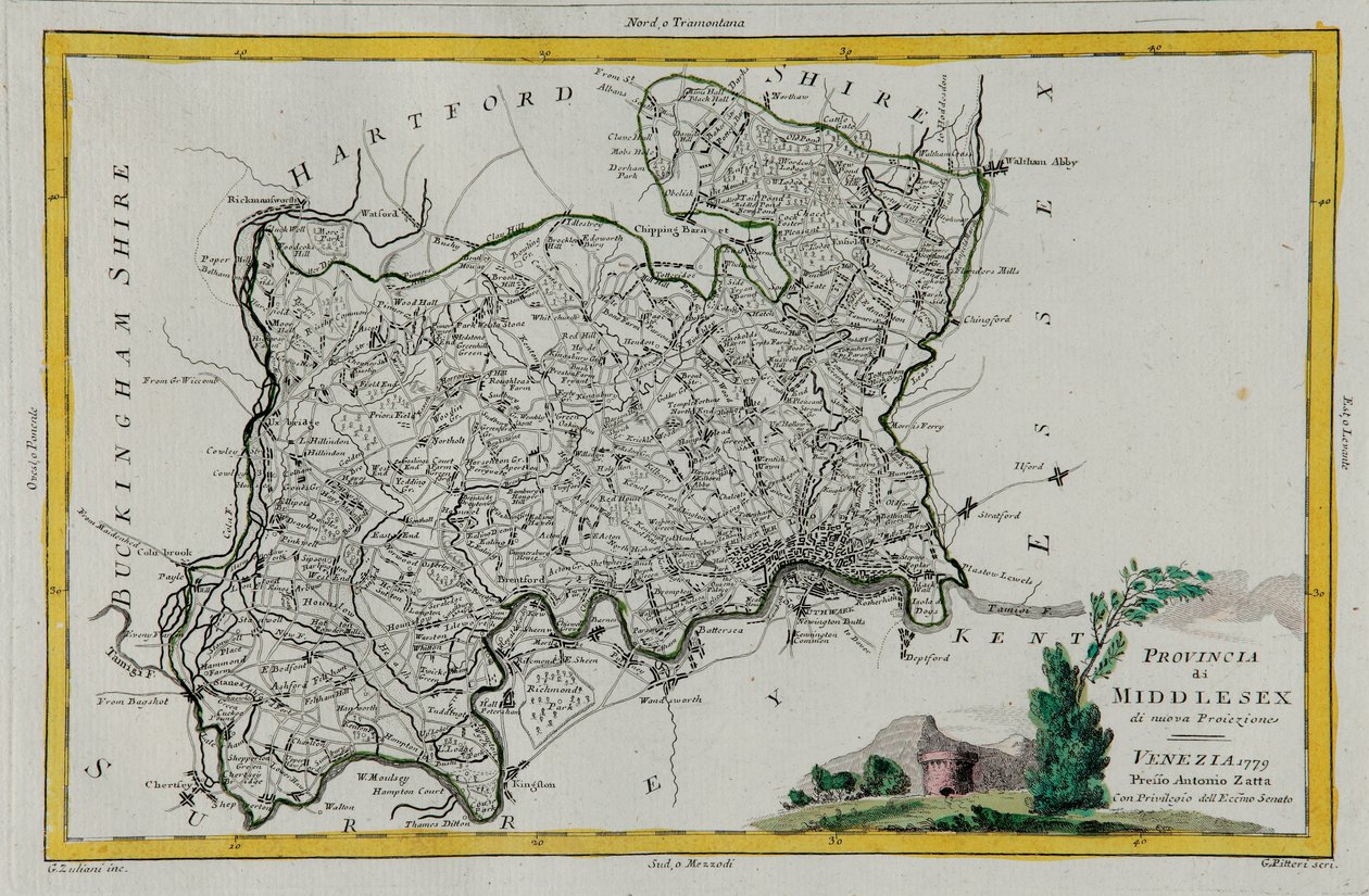 Middlesex tartomány, G. Zuliani metszete az Antonio Zatta által 1779-ben Velencében kiadott „Legújabb atlasz” I. Tome-jából vett, magángyűjtemény alkotó: G. Zuliani