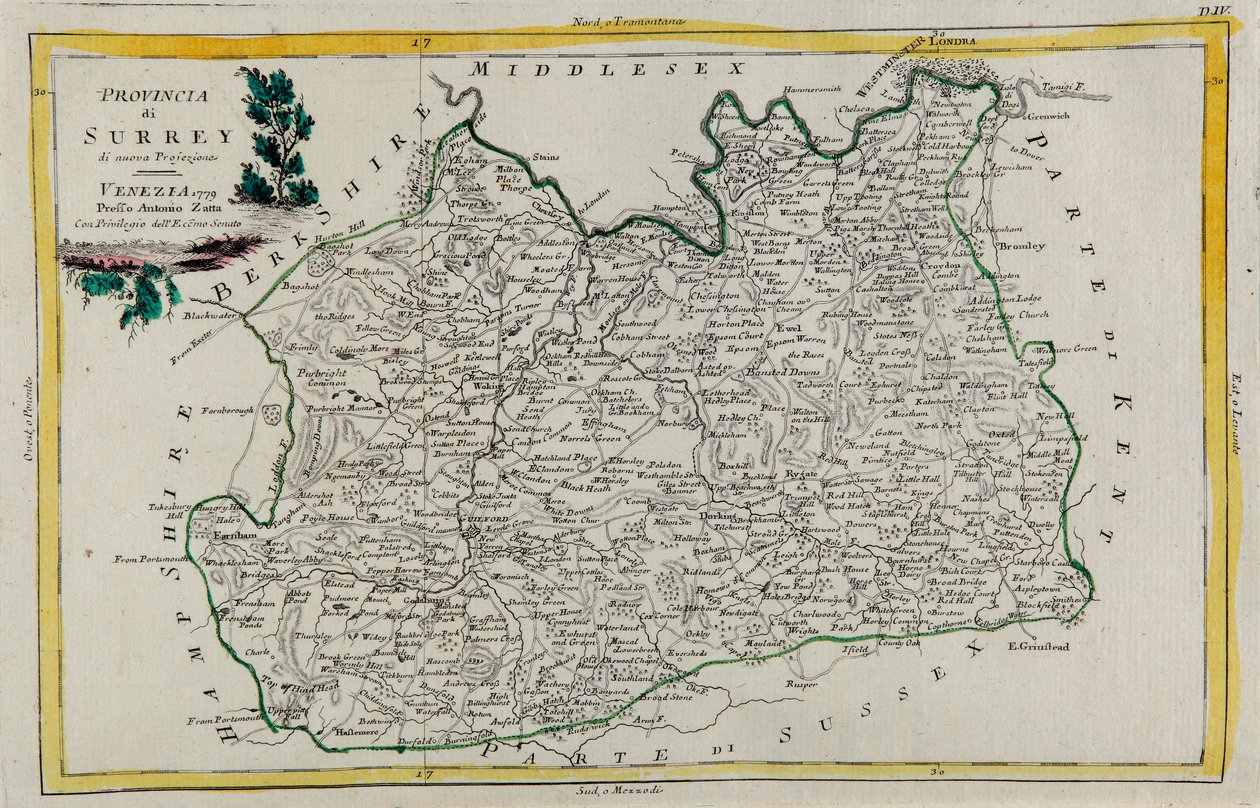 Surrey tartomány, G. Zuliani metszete az Antonio Zatta által 1779-ben Velencében kiadott „Legújabb atlasz” I. Tome-jából vett, magángyűjtemény alkotó: G. Zuliani
