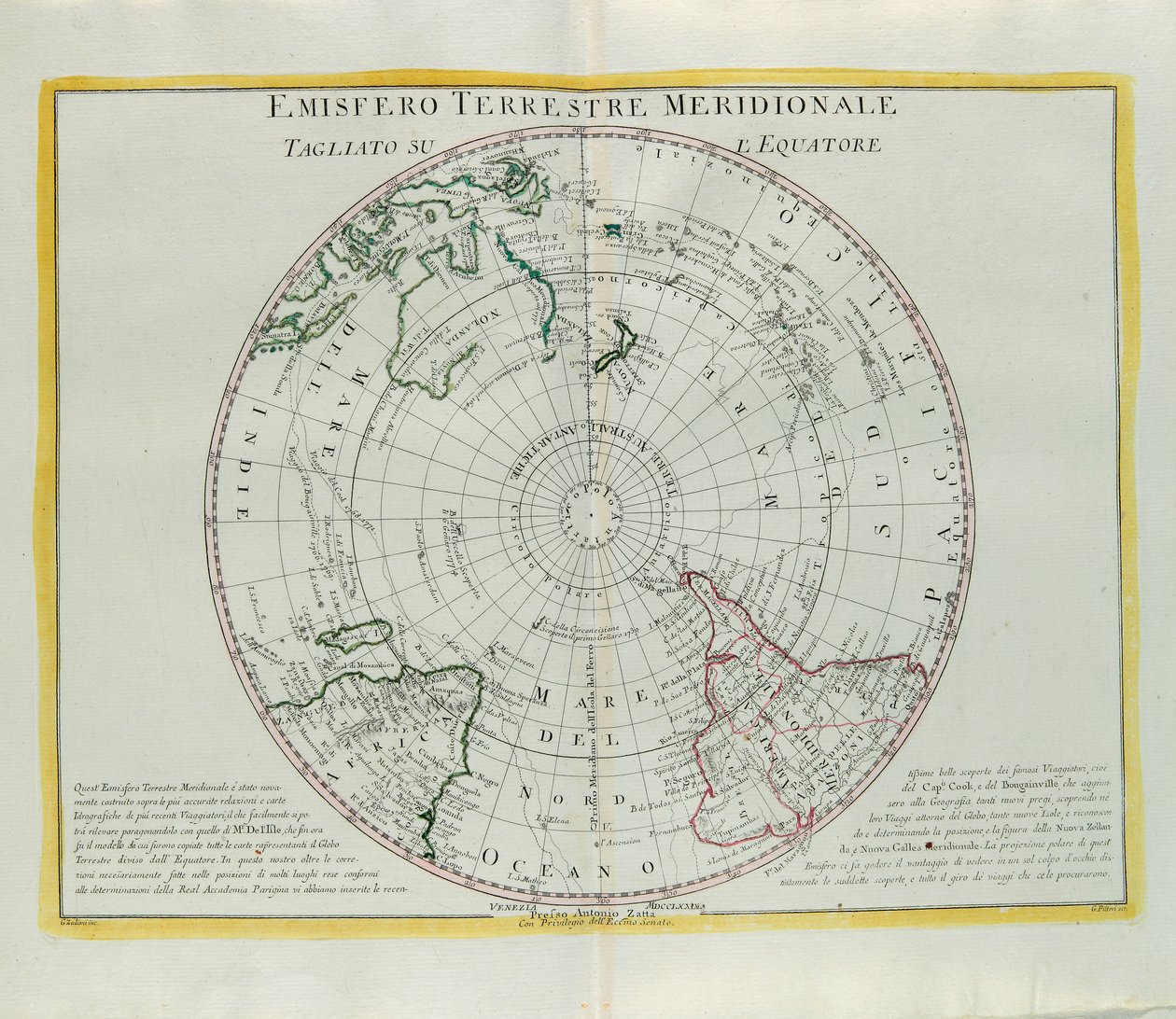 A Föld déli féltekéje az Egyenlítőnél vágva, G. Zuliani metszete a Velencében 1779-ben kiadott Legújabb Atlasz I. tomájából vett metszet, Antonio Zatta alkotó: G. Zuliani