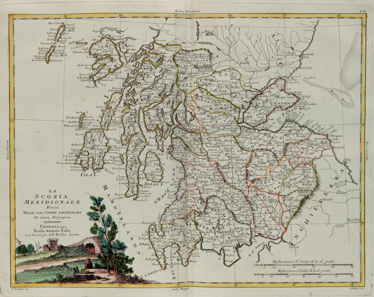 Dél-Skócia megyéire oszlik, G. Zuliani metszete az Antonio Zatta által 1779-ben Velencében kiadott „Legújabb atlasz” I. Tome-jából vett metszet, Antonio Zatta, Magángyűjtemény alkotó: G. Zuliani