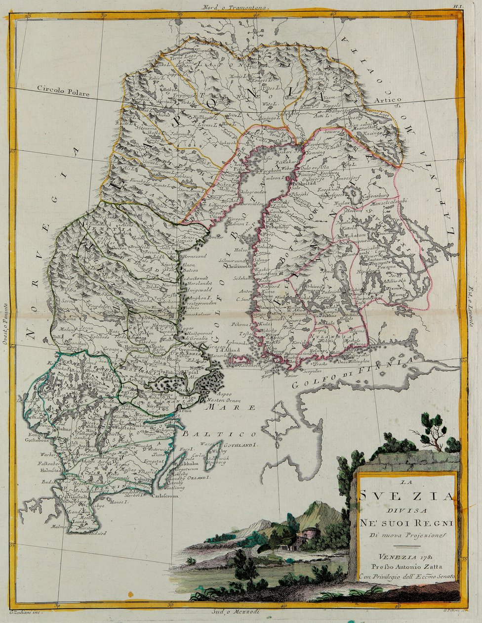Svédország felosztott királyságaira, G. Zuliani metszete az Antonio Zatta magángyűjteményében 1781-ben Velencében kiadott „Legújabb atlasz” III. alkotó: G. Zuliani