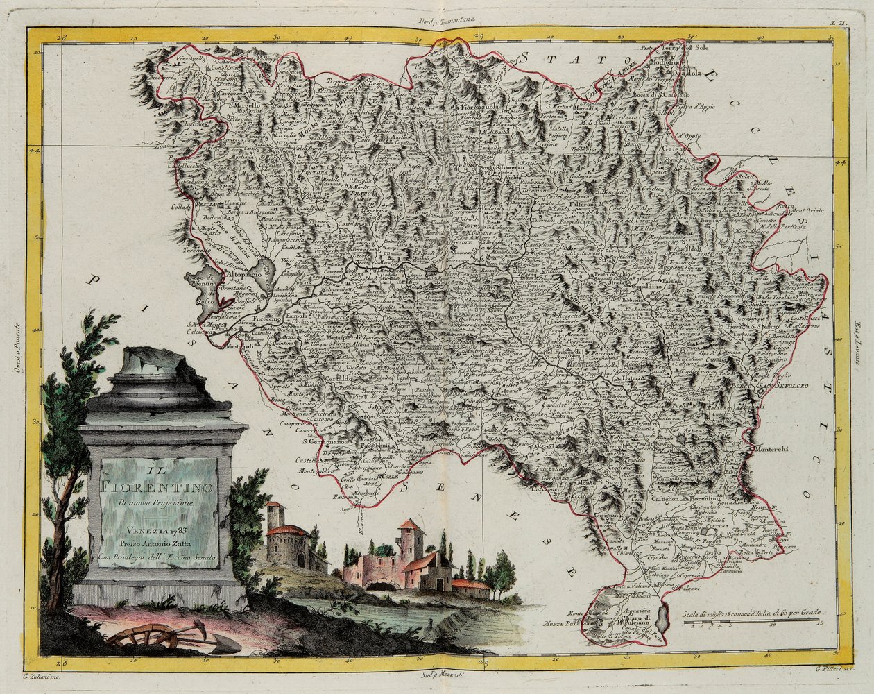 Firenze területe, G. Zuliani metszete az Antonio Zatta által 1783-ban Velencében kiadott „Legújabb atlasz” II. Tome-jából vett, magángyűjtemény alkotó: G. Zuliani