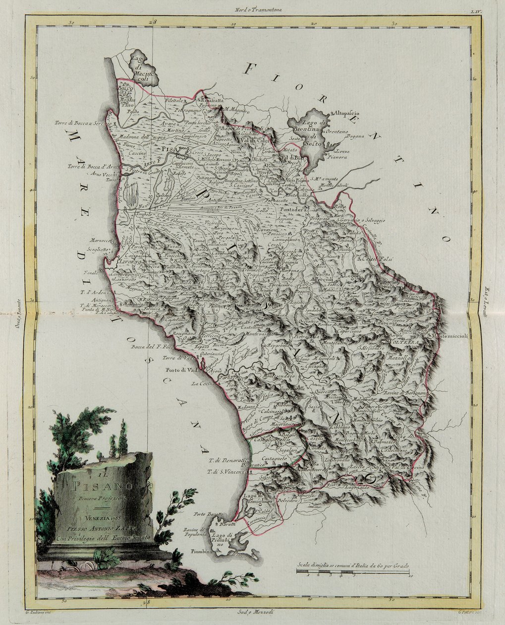 Pisa területe, G. Zuliani metszete az Antonio Zatta által 1783-ban Velencében kiadott „Legújabb atlasz” II. Tome-járól, magángyűjtemény alkotó: G. Zuliani