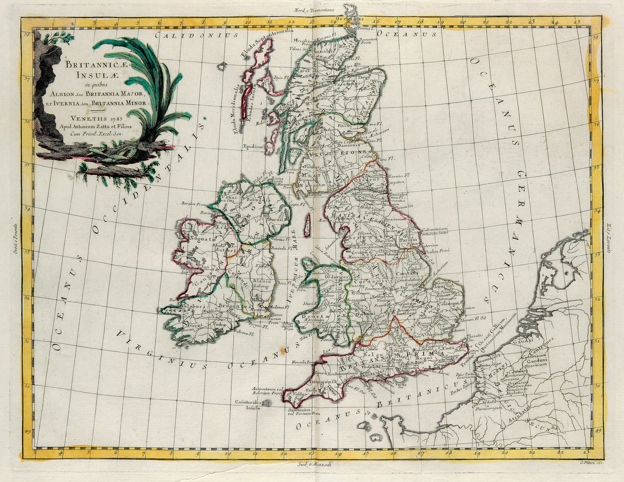 A Brit-szigetek, amelyeken Albion vagy Nagy-Britannia és Ivernia vagy Kis-Britannia található, G. Zuliani metszetét a Velencében 1785-ben kiadott Legújabb Atlasz I. Tome-jából vette át Antonio Zatta alkotó: G. Zuliani