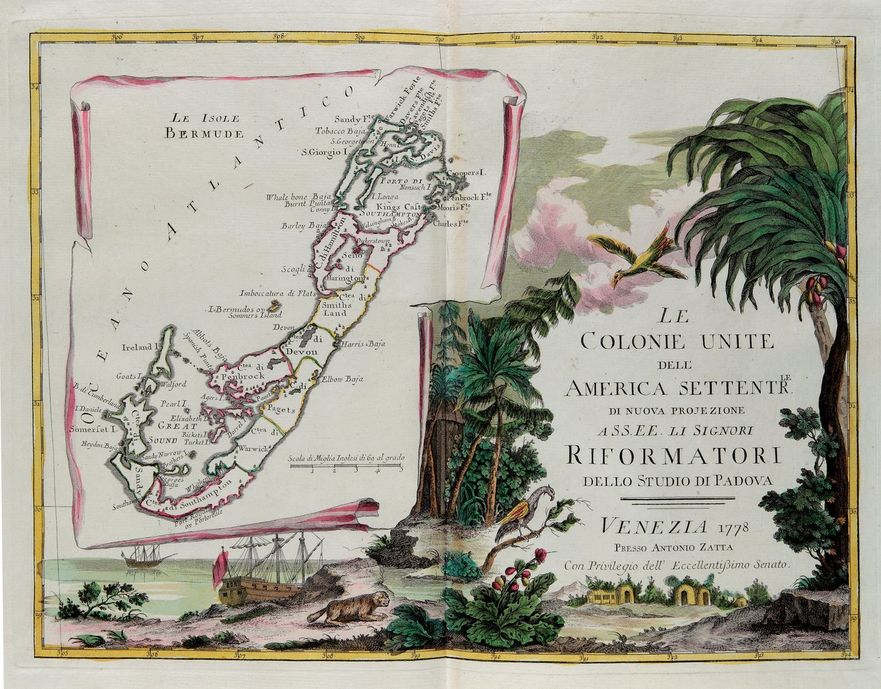 A Bermuda-szigetek és az Észak-Amerika Egyesült Gyarmatainak szentelt rész homlokzata, G. Zuliani metszete az 1778-ban Velencében kiadott „Legújabb atlasz” I. Tome-jából, Antonio Zatta magángyűjteményében alkotó: G. Zuliani