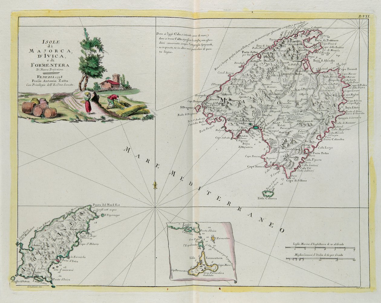Mallorca, Ivica és Formentera szigetei, G. Zuliani metszete az Antonio Zatta által 1778-ban Velencében kiadott „Legújabb atlasz” I. Tome-jából vett, magángyűjtemény alkotó: G. Zuliani