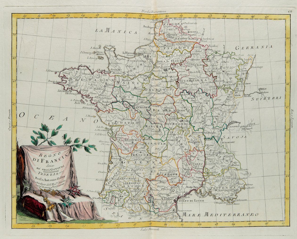 A Francia Királyság kormányzásaira oszlik, G. Zuliani metszete az Antonio Zatta által 1776-ban Velencében kiadott Legújabb Atlasz I. Tome-jából származik, magángyűjtemény alkotó: G. Zuliani