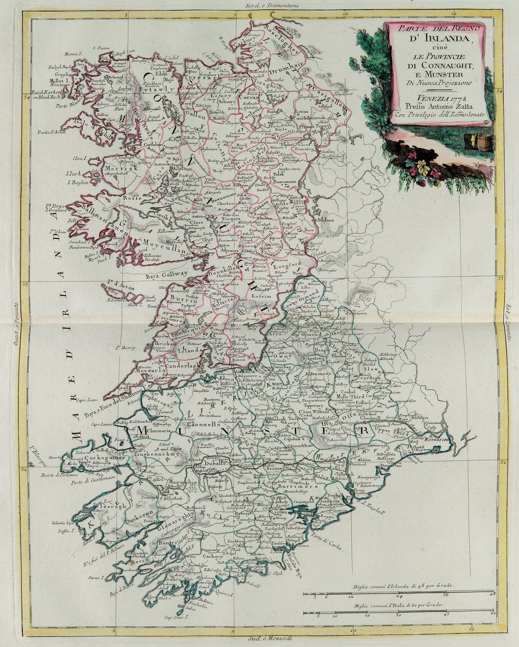 Az Ír Királyság, Munster és Connaught tartomány, G. Zuliani metszete az „Atlas Novissimo” I. kötetéből származik, amelyet 1778-ban Velencében adott ki Antonio Zatta, Magángyűjtemény alkotó: G. Zuliani