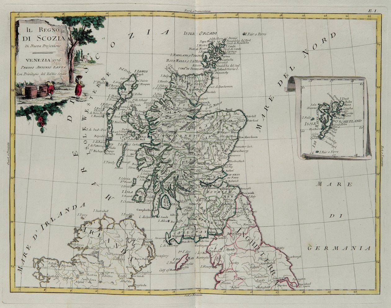 A Skócia Királyság, G. Zuliani metsze a Legújabb Atlasz I. toméjából vett, 1776-ban Velencében kiadott Antonio Zatta, Magángyűjtemény alkotó: G. Zuliani