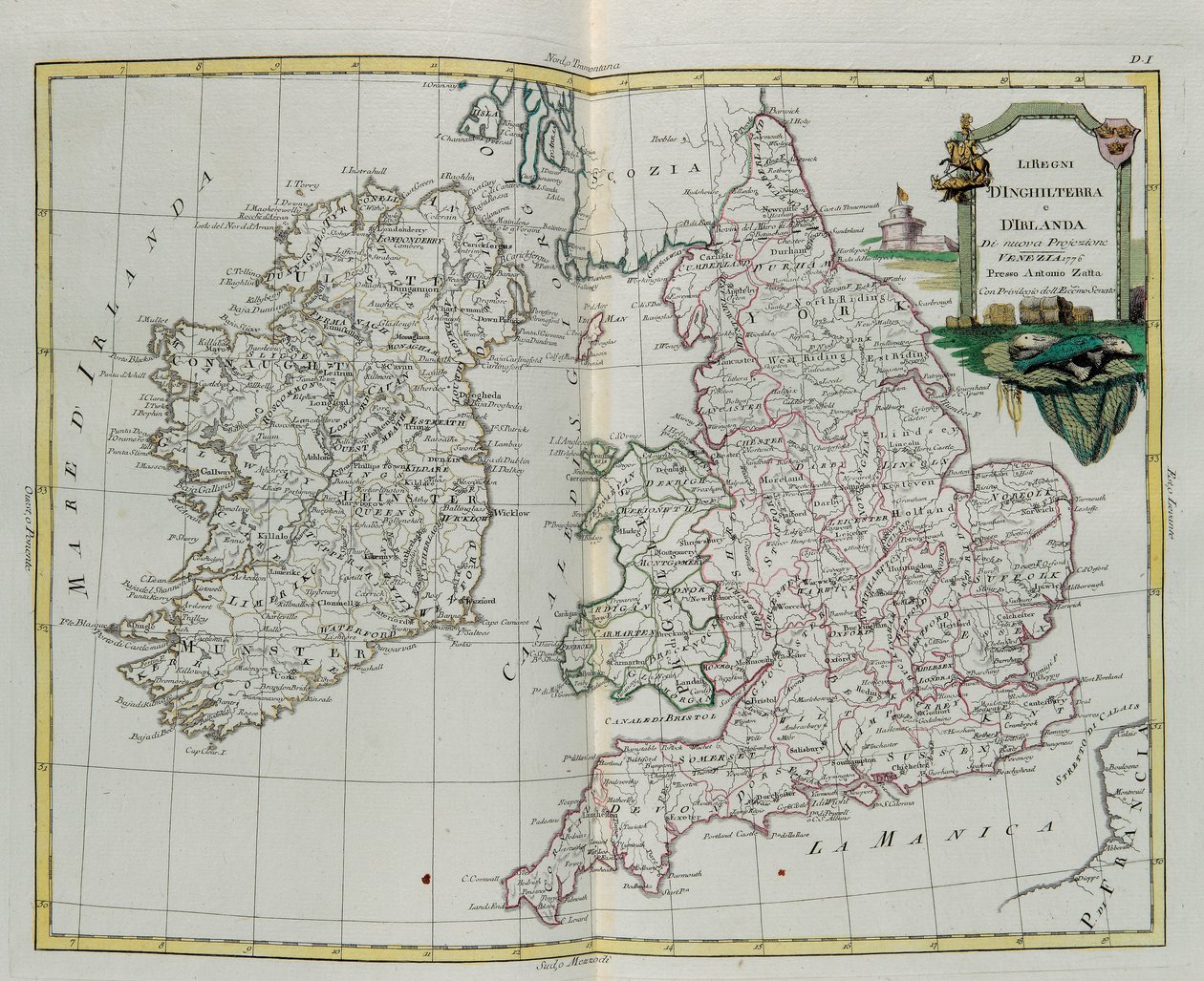 Anglia és Írország királyságai, G. Zuliani metszete az Antonio Zatta 1776-ban Velencében kiadott Legújabb Atlasz I. Tomejából vett, magángyűjtemény alkotó: G. Zuliani