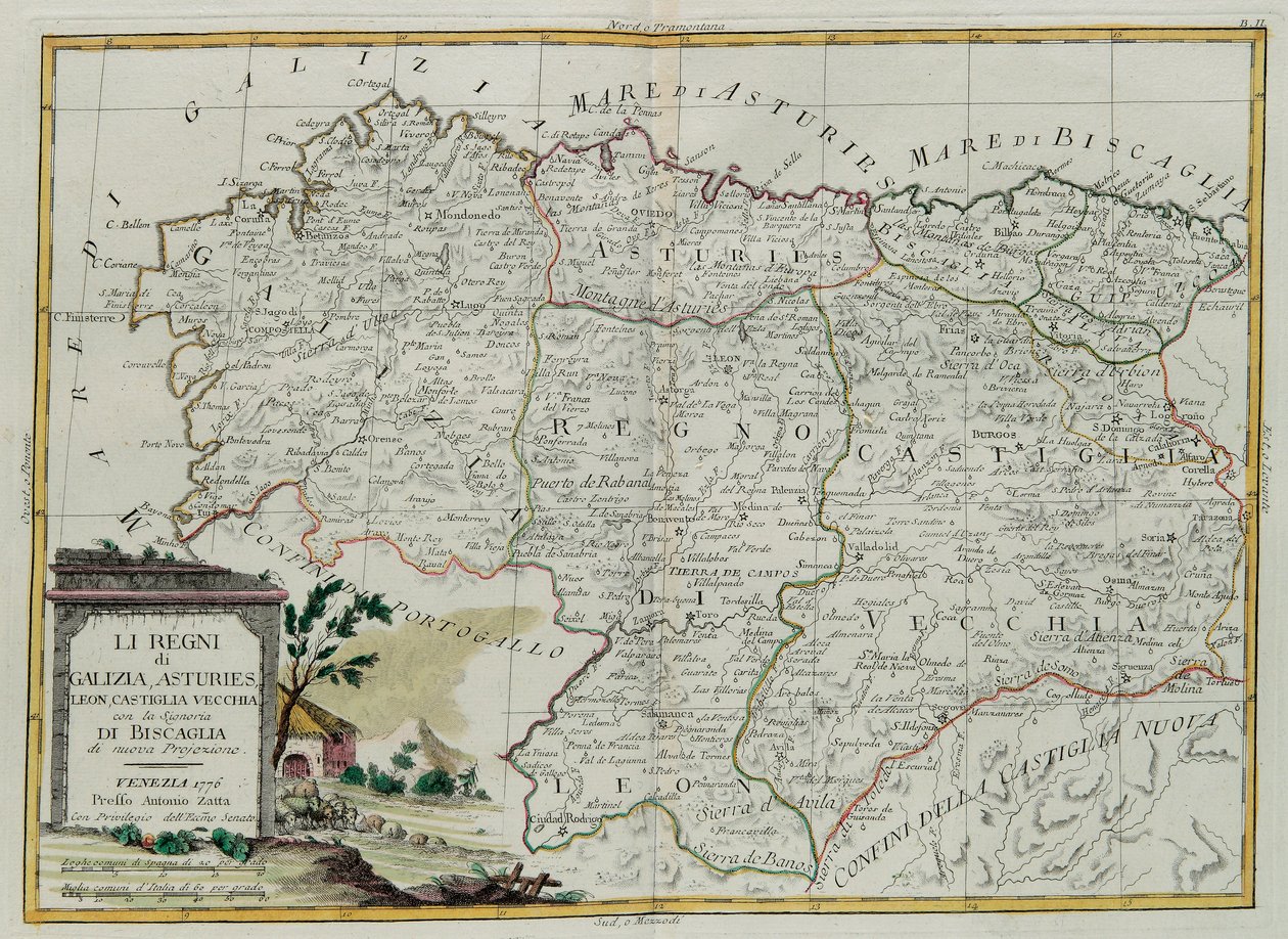 Galícia királyságai, Asturies, Leon, Castilla Vieja Biscallia Tanácsával, G. Zuliani metszete a Velencében 1776-ban kiadott Legújabb Atlasz I. tomejából vett át Antonio Zatta, Priva alkotó: G. Zuliani