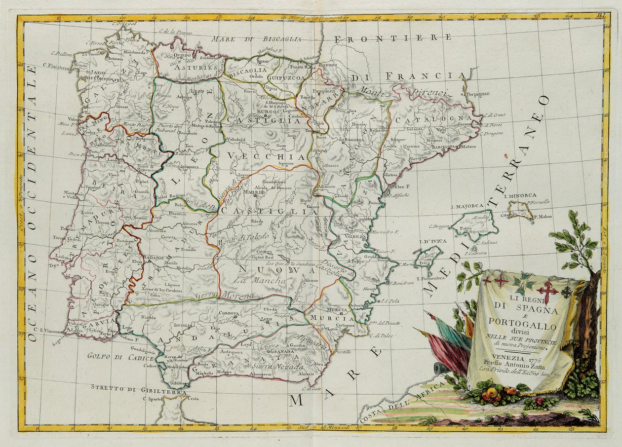 A Spanyol és Portugál Királyság tartományaikra osztva, G. Zuliani metszet a Legújabb Atlasz I. toméjából vett, 1775-ben Velencében, Antonio Zatta magángyűjteményében alkotó: G. Zuliani