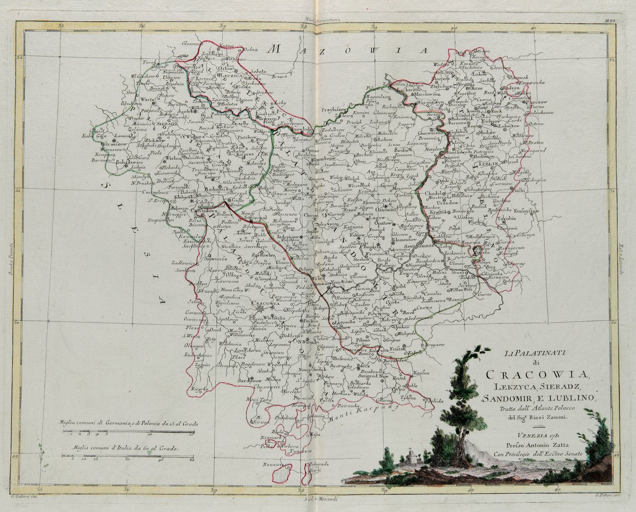 Krakkó, Lekzyca, Sieradz, Sandomir és Lublin Pfalz, G. Zuliani metszete, az Antonio Zatta által 1781-ben Velencében kiadott „Legújabb atlasz” III. kötetéből, magángyűjtemény alkotó: G. Zuliani