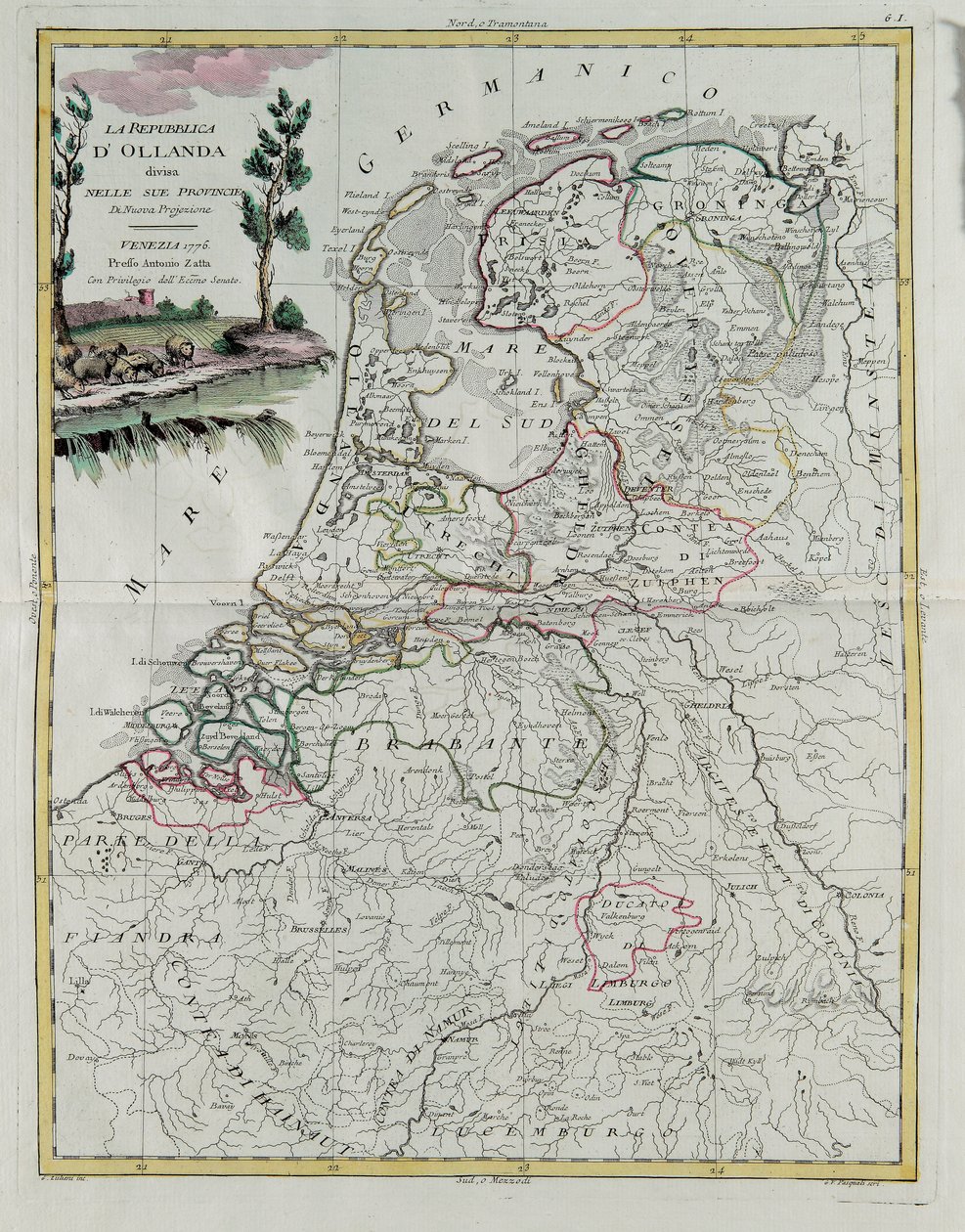 A Holland Köztársaság tartományaira oszlik, G. Zuliani metszete az Antonio Zatta által 1776-ban Velencében kiadott Legújabb Atlasz I. Tome-jából származik, magángyűjtemény alkotó: G. Zuliani