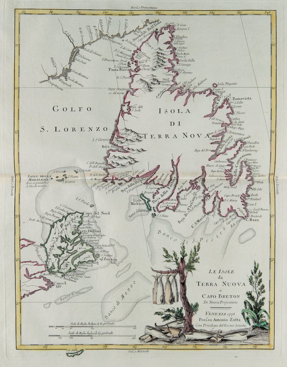 Új-Fundland és Breton-fok szigetei, G. Zuliani metszetét az Antonio Zatta által 1778-ban Velencében kiadott „Legújabb atlasz” I. Tome-jából vettük át, magángyűjtemény alkotó: G. Zuliani