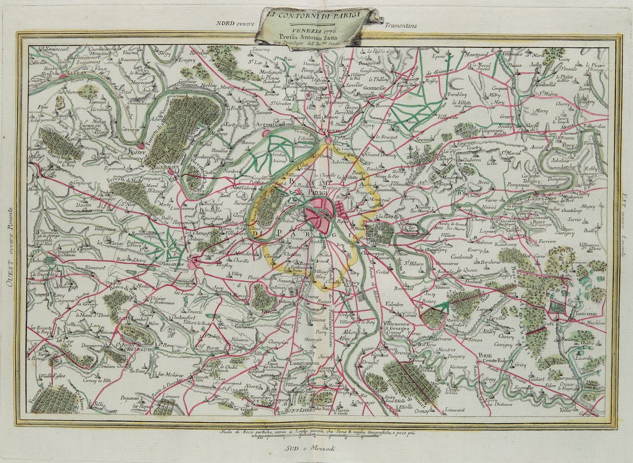 Párizs vázlata, Franciaország és Orléans kormányzása, G. Zuliani metszete az Antonio Zatta 1776-ban Velencében kiadott Legújabb Atlasz I. toméjából vett metszet, Antonio Zatta, Magángyűjtemény alkotó: G. Zuliani