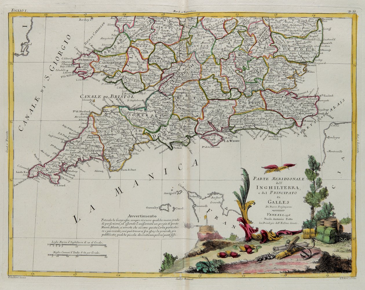 Anglia déli része és a walesi principátus G. Zuliani metszete az Antonio Zatta 1778-ban Velencében kiadott Legújabb Atlasz I. tomejából vett, magángyűjtemény alkotó: G. Zuliani
