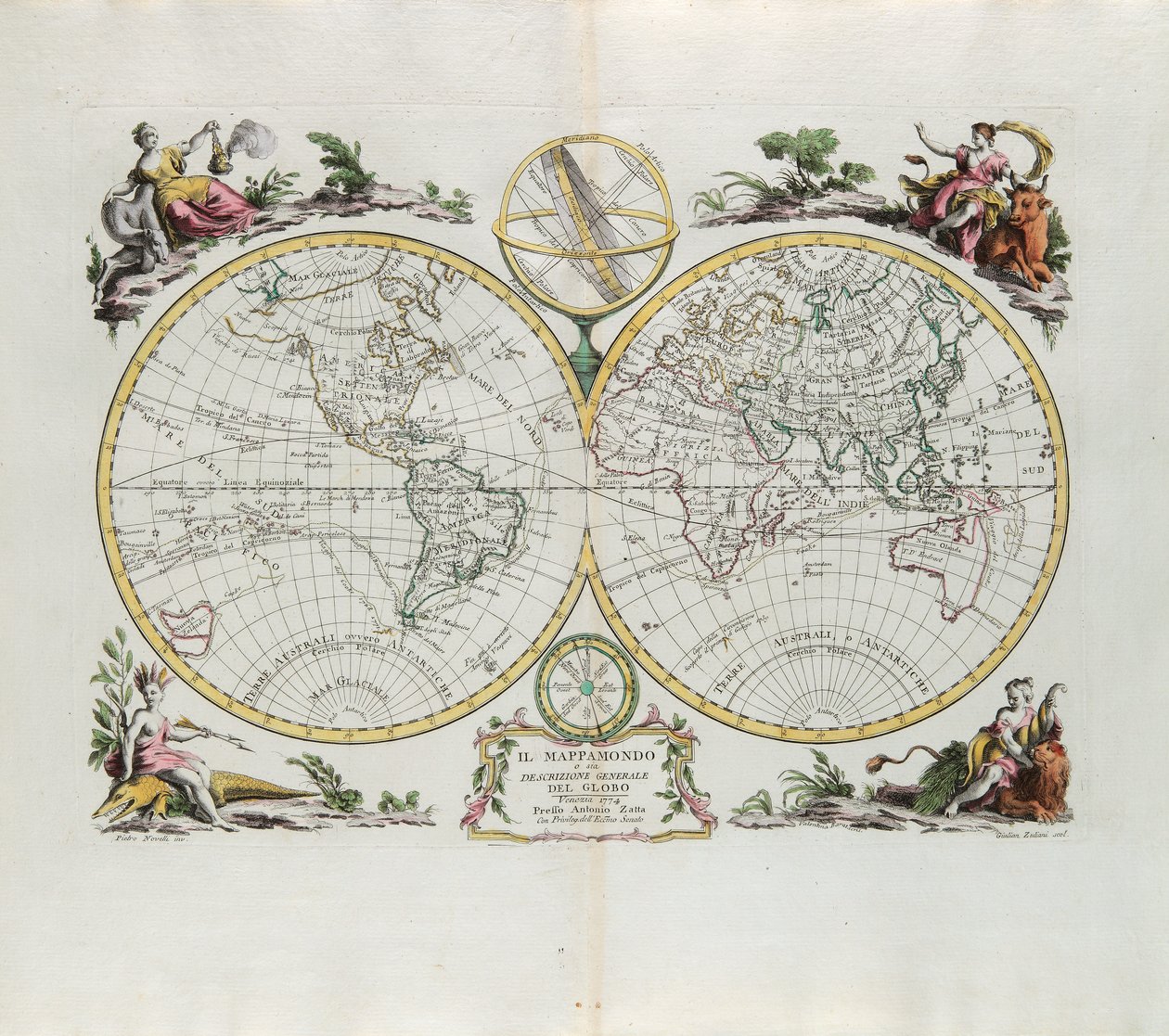 Világtérkép és a földgömb általános leírása, G. Zuliani metszet, amelyet Antonio Zatta 1774-ben Velencében kiadott Legújabb Atlasz I. toméjából vett alkotó: G. Zuliani