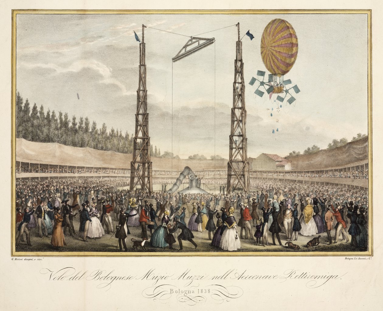 A Bolognese Muzio Muzzi (1809-46) repülése a Retirremiga léghajóban, 1838 alkotó: G. after Meloni