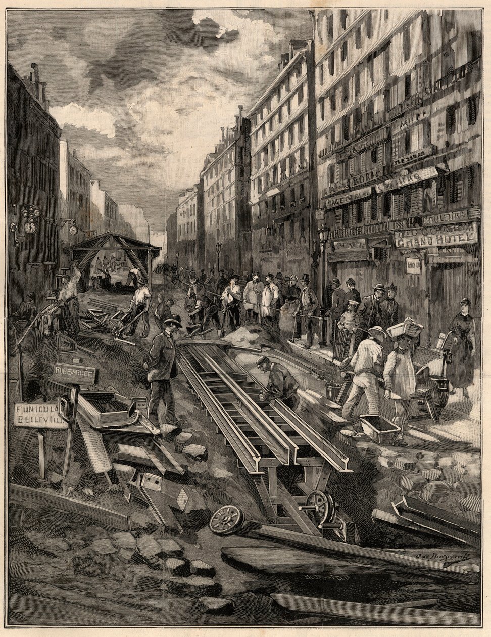 A Belleville-i sikló 1894-ben a rue de Belleville-en fektette le a pályát. Metszet M.G. de Burgrraff rajza. Az 1894-es „Az illusztris világban”. alkotó: G. de Burgraff