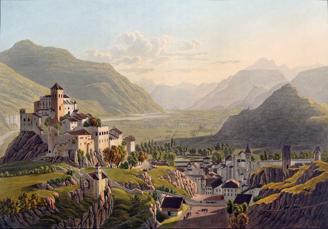 Kilátás Sionra, illusztráció a Voyage Pittoresque de Geneve a Milanból, megjelent Bázel, 1819 alkotó: Mathias Gabriel Lory