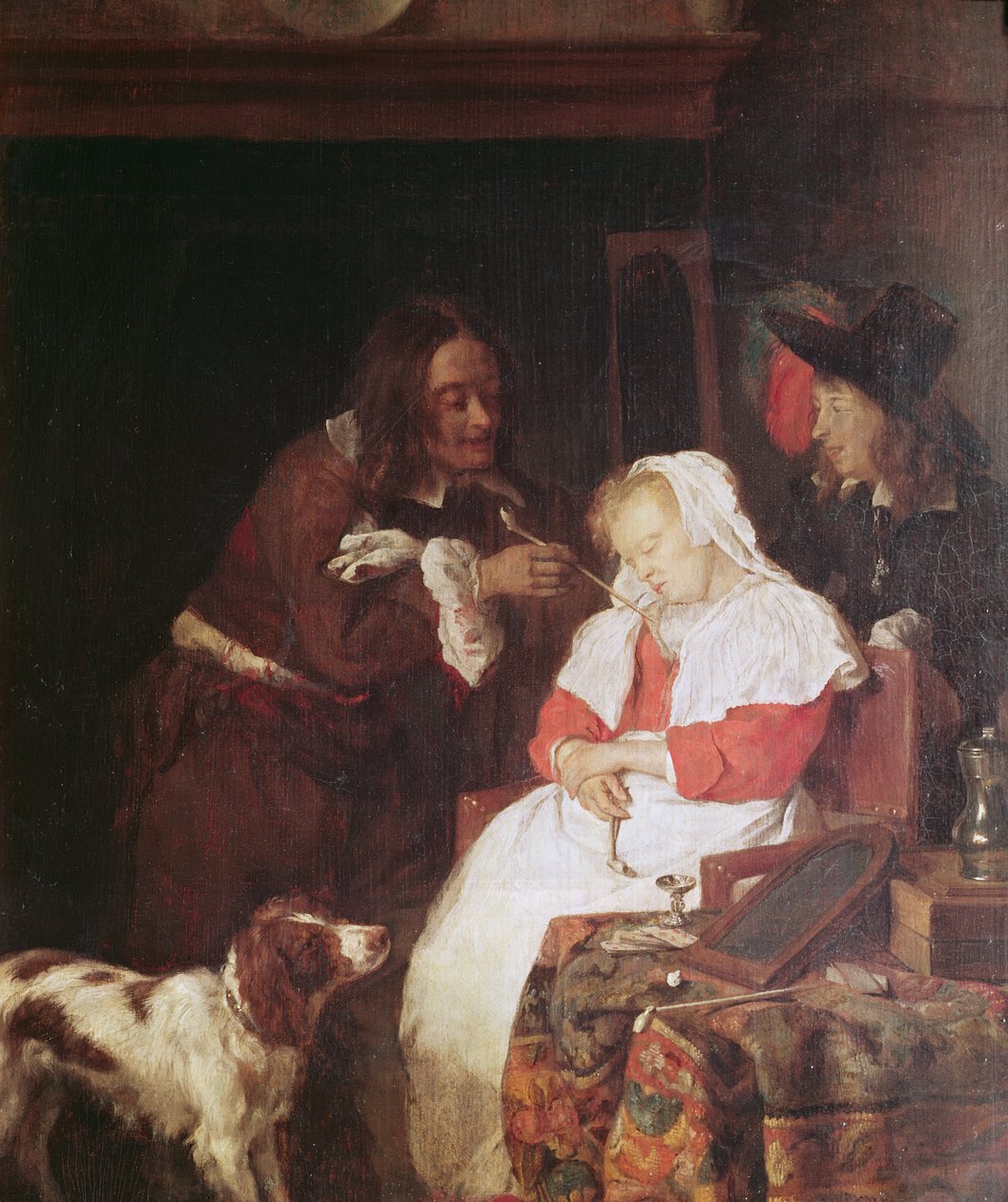 Két férfi egy alvó nővel, 1655-60 körül (olaj, tölgyfa panel) alkotó: Gabriel Metsu