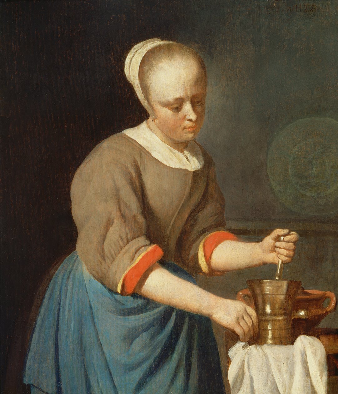 Fiatal lány mozsártörővel alkotó: Gabriel Metsu