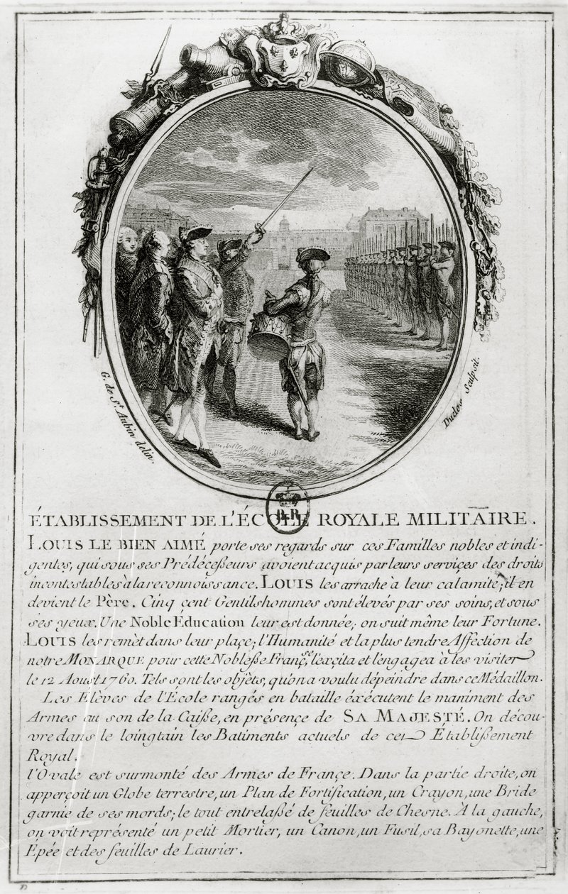 XV. Lajos (1710-74) Látogatás az Ecole Militaire-nél Párizsban, 1760. augusztus 12., metszett Antoine Duclos (1742-97) alkotó: Gabriel de Saint Aubin