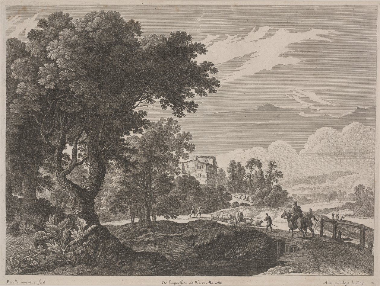 Tájkép a hídon átmenő utazókkal (rézkarc és gravírozás) alkotó: Gabriel (after) Perelle
