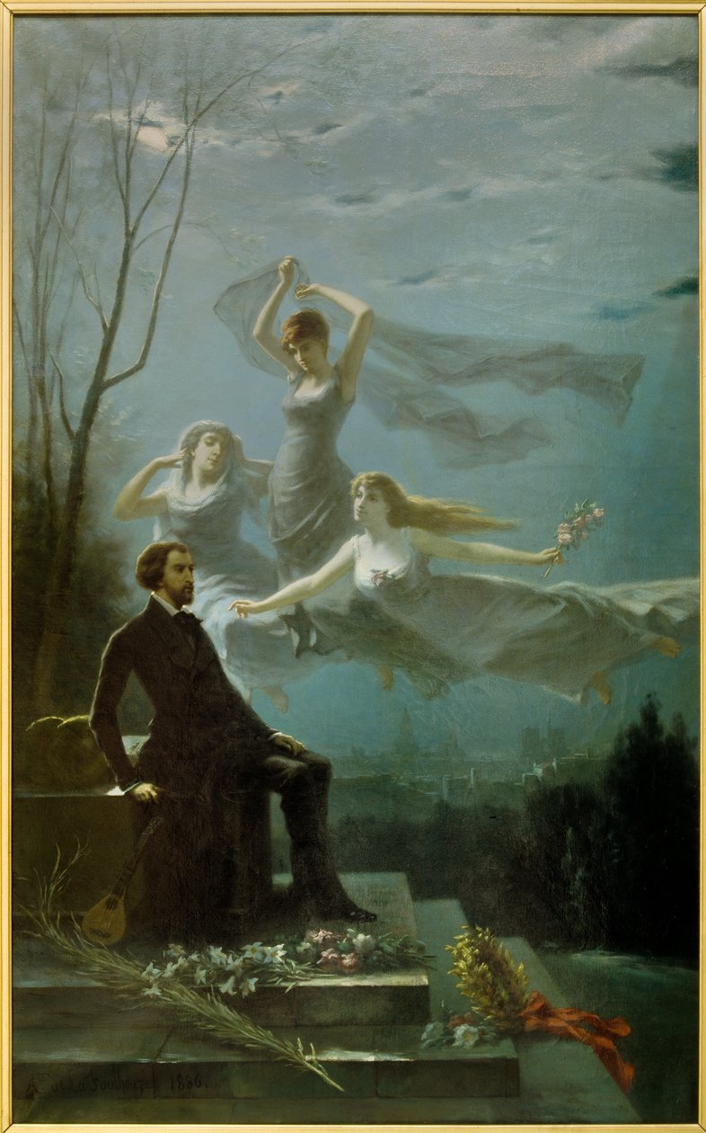 Romantika: „Musset éjszakái”” Alfred de Musset (1810-1857) francia költőt a múzsák inspirálják az „Éjszakák” megírásához. Gabriel Aimable de la Foulhouze (1825-1887) festménye. 1886 Olaj, vászon Clermont Ferrand (Clermont-Ferrand). Roger alkotó: Gabriel Amable de Lafoulhouze