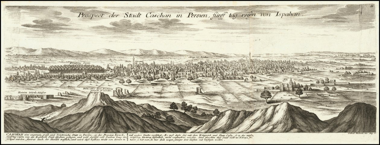 1720 illusztráció - A perzsa Kaszan városának kilátása Iszpahántól öt napi utazással alkotó: Gabriel Bodenehr