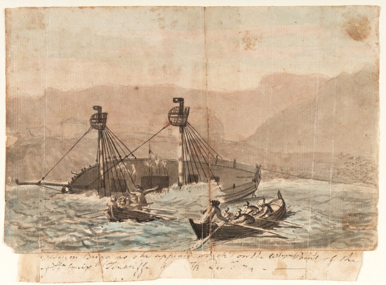 A Brigg expedíció, ahogyan a Sta Cruiz Teneriffe szigetének nyugati pontjánál hajótörést szenvedett 1774 decemberében. alkotó: Gabriel Bray