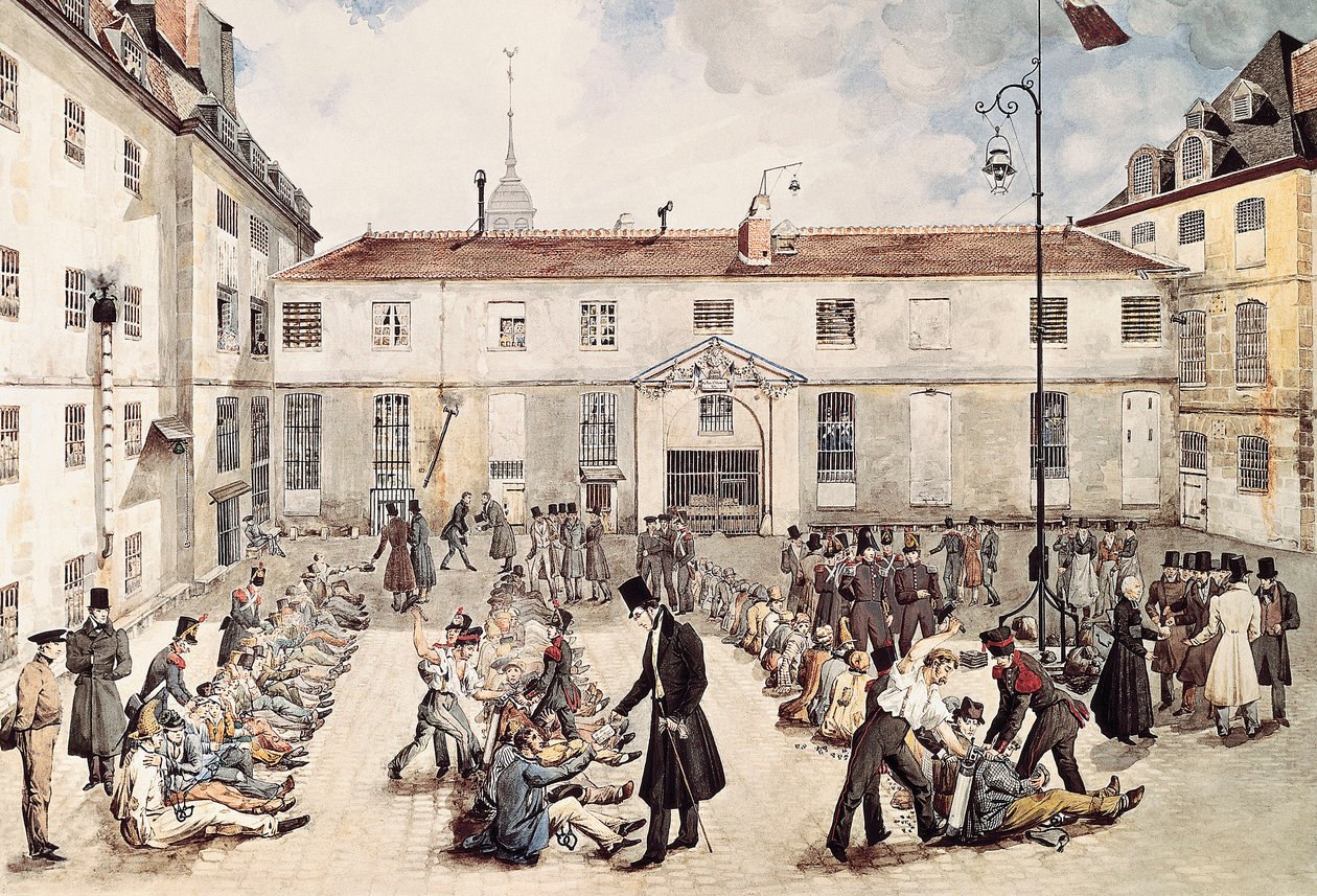 ""A Bicetre-i börtön rabjai az udvarra vannak láncolva"" Gabriel Cloquemin akvarellje (18. század vége, 19. század vége) Paris Musée Carnavalet alkotó: Gabriel Cloquemin