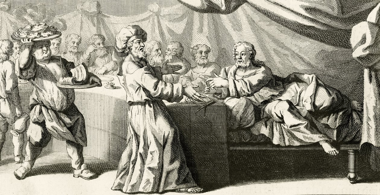 Jézus meghívást kapott vacsorára a farizeussal, illusztráció Szent Lukács evangéliumából, 11:37, 1728 alkotó: Gabriel Francois Louis Debrie