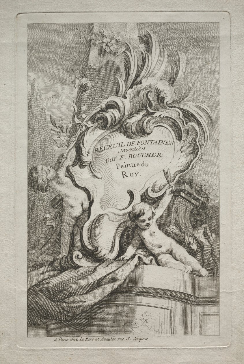 Szökőkutak könyve: 1. szám, címlap, c. 1736. alkotó: Gabriel Huquier