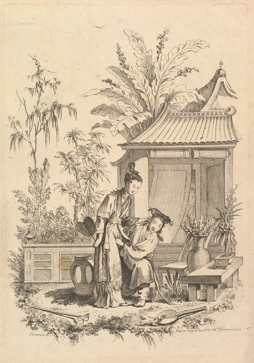 Chinoiserie jelenet alakokkal egy tájban, 18. század. alkotó: Gabriel Huquier