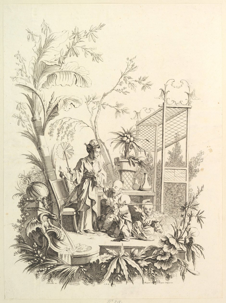 Chinoiserie figurákkal egy tájban, 18. század. alkotó: Gabriel Huquier