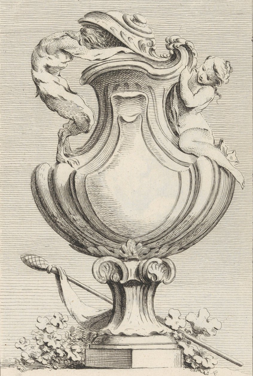 Faunnal és nimfával ellátott váza terv, Livre de Vases Vázák könyve, 1... tábla, 1742-50. alkotó: Gabriel Huquier