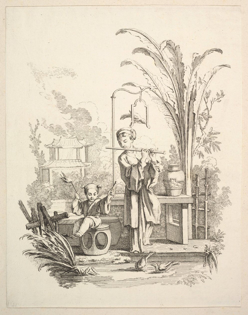 Fuvolaművész és egy gyermek Timpanista, kb. 1742. alkotó: Gabriel Huquier