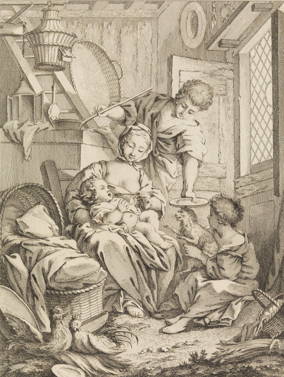 1. tábla: Fiatal nő táplálja csecsemőjét, Premier Livre de Subjects et Pastorales Fi..., 1720-72. alkotó: Gabriel Huquier
