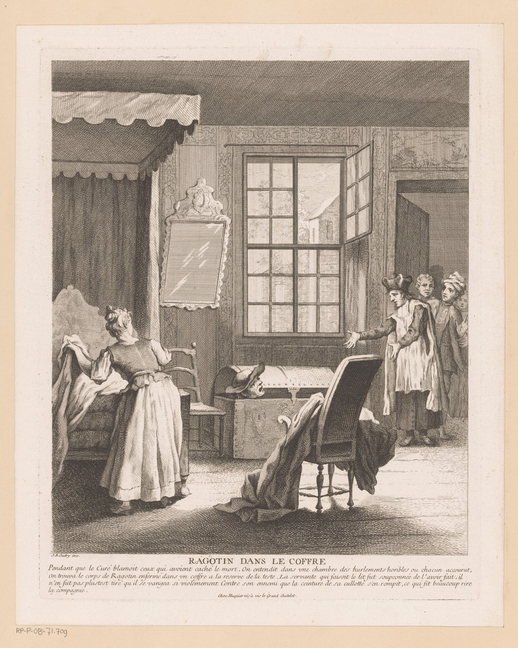 Slaapkamerinterieur találkozott Ragotinnal egy időben Pletyka a csomagtartóban (cím a tárgyon) Jelenetek Roman Comique van Scarrontól (sorozat címe) alkotó: Gabriel Huquier