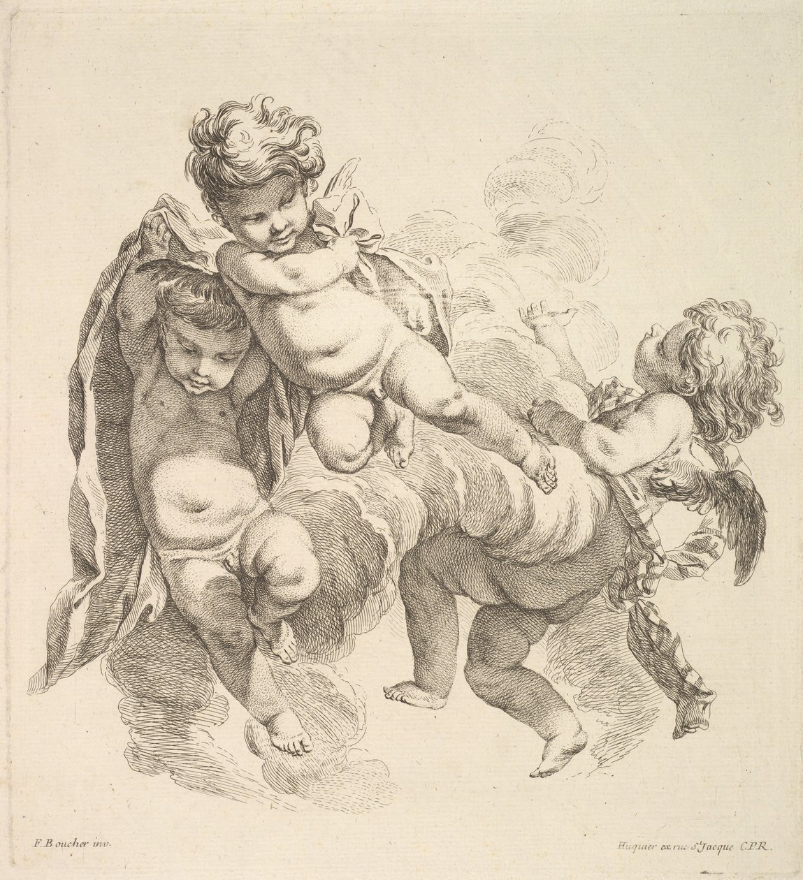 Három gyerek a felhők között drapériát cipelve, 1738-45. alkotó: Gabriel Huquier