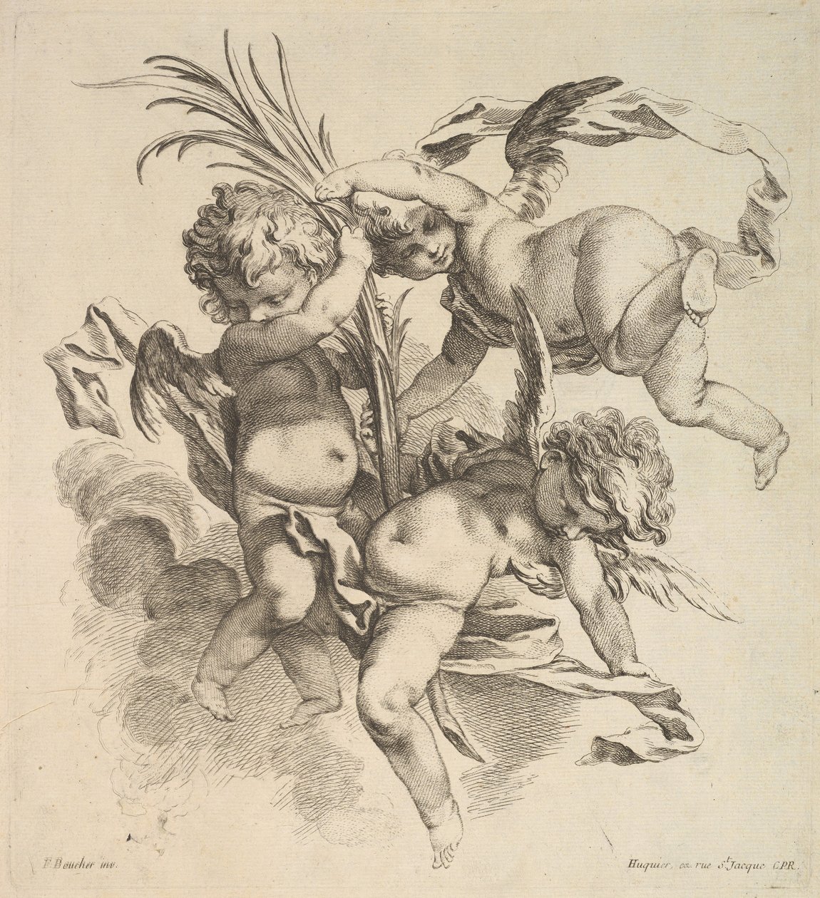 Három gyerek a felhők között egy pálmalevél közelében, 1738-45. alkotó: Gabriel Huquier