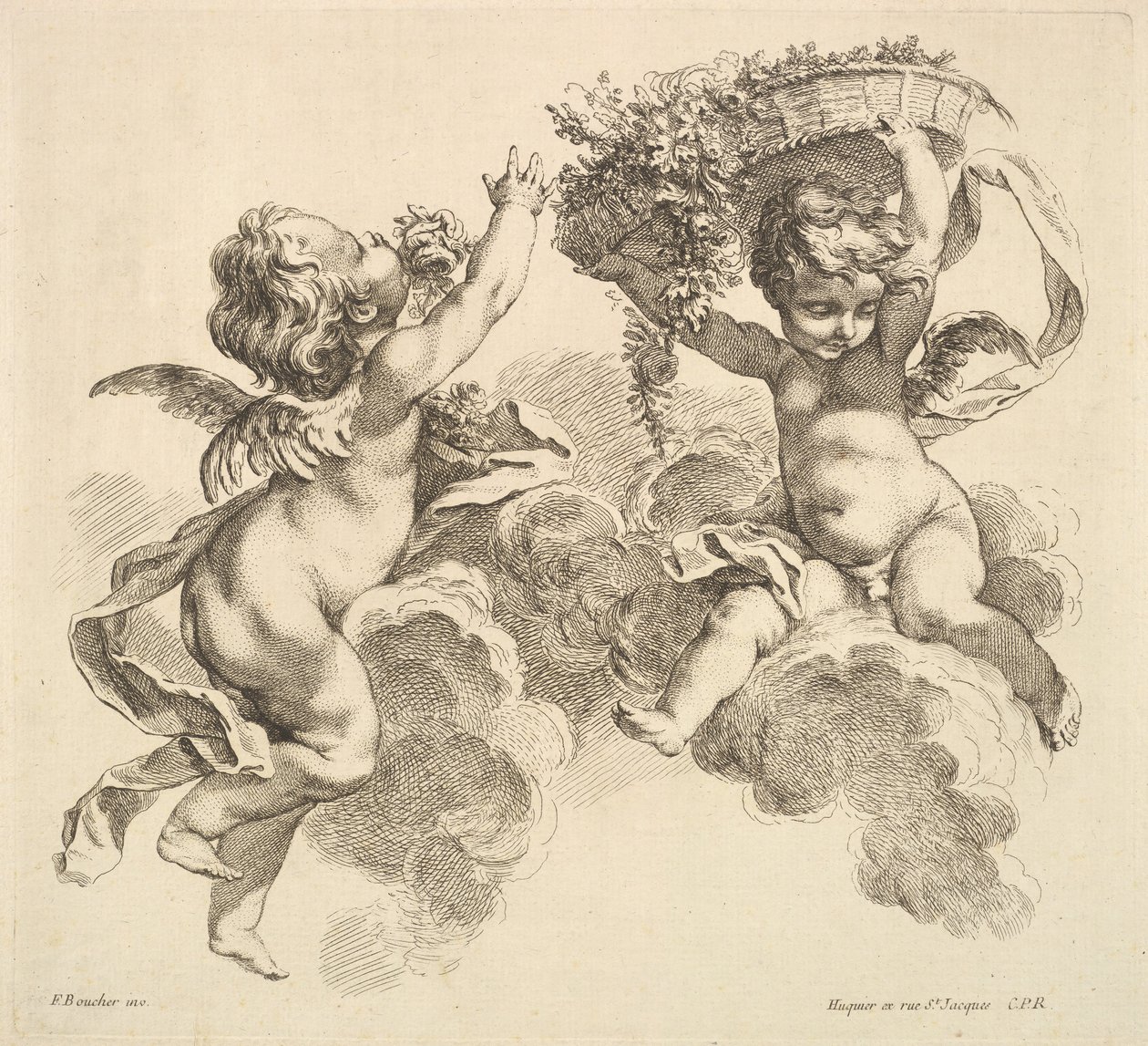 Két gyermek, egy kosár virágokkal, 1738-45. alkotó: Gabriel Huquier